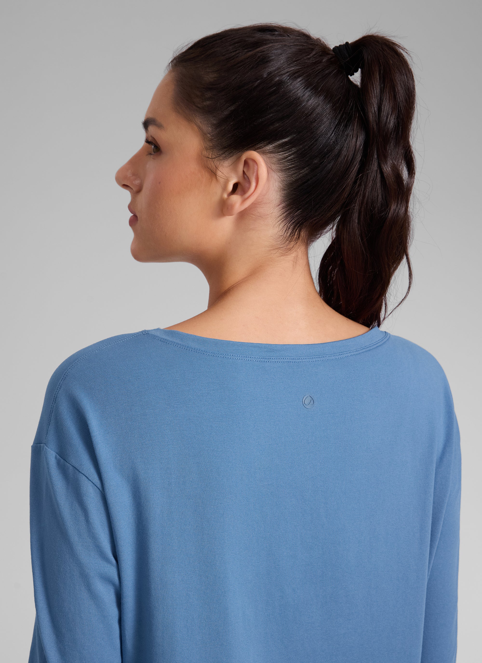 CRZ YOGA Women's Workout Boat Neck Hip Length Relaxed Fit Long Sleeves Washed Denim