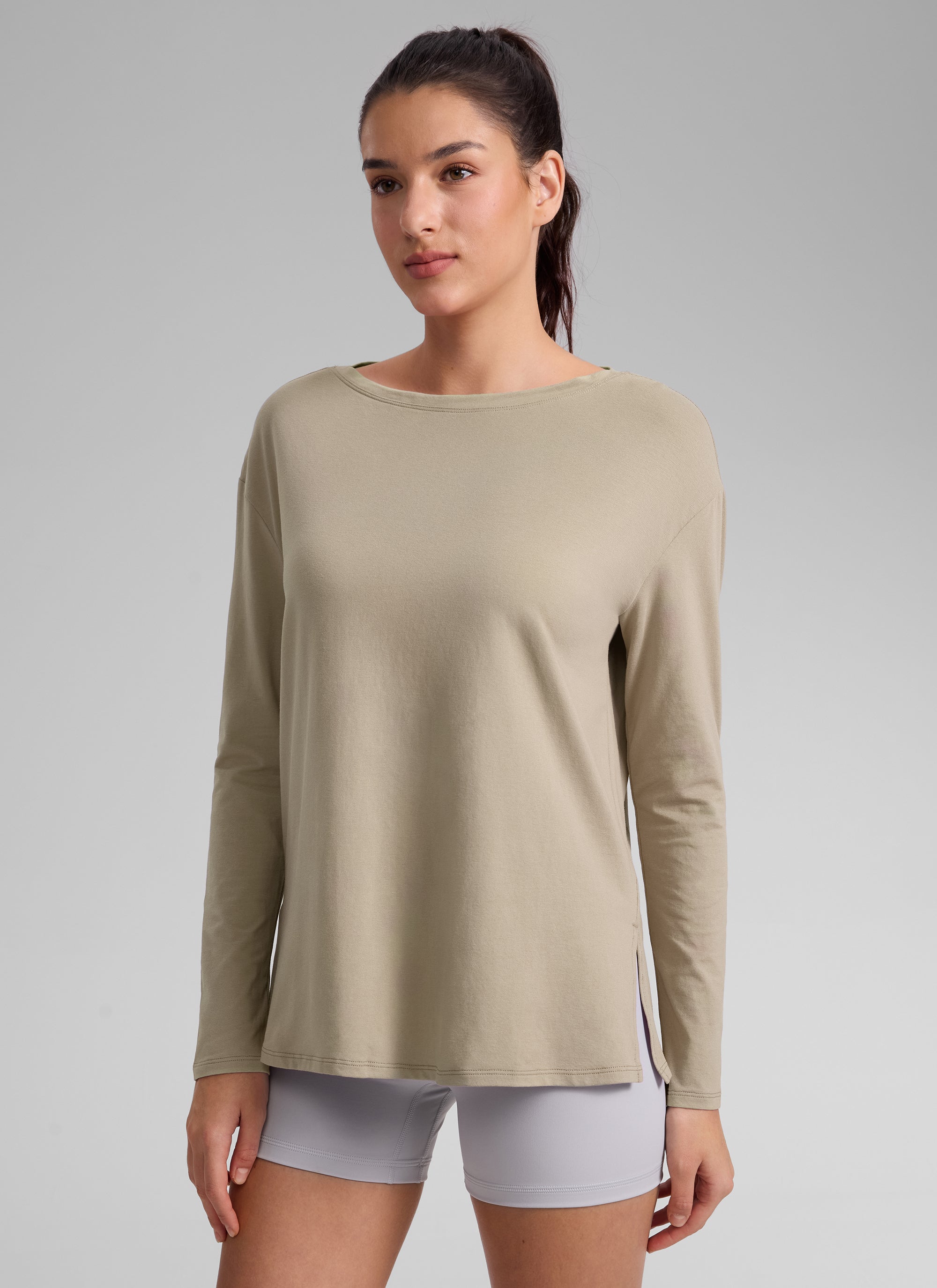 CRZ YOGA Women's Workout Boat Neck Hip Length Relaxed Fit Long Sleeves Oak