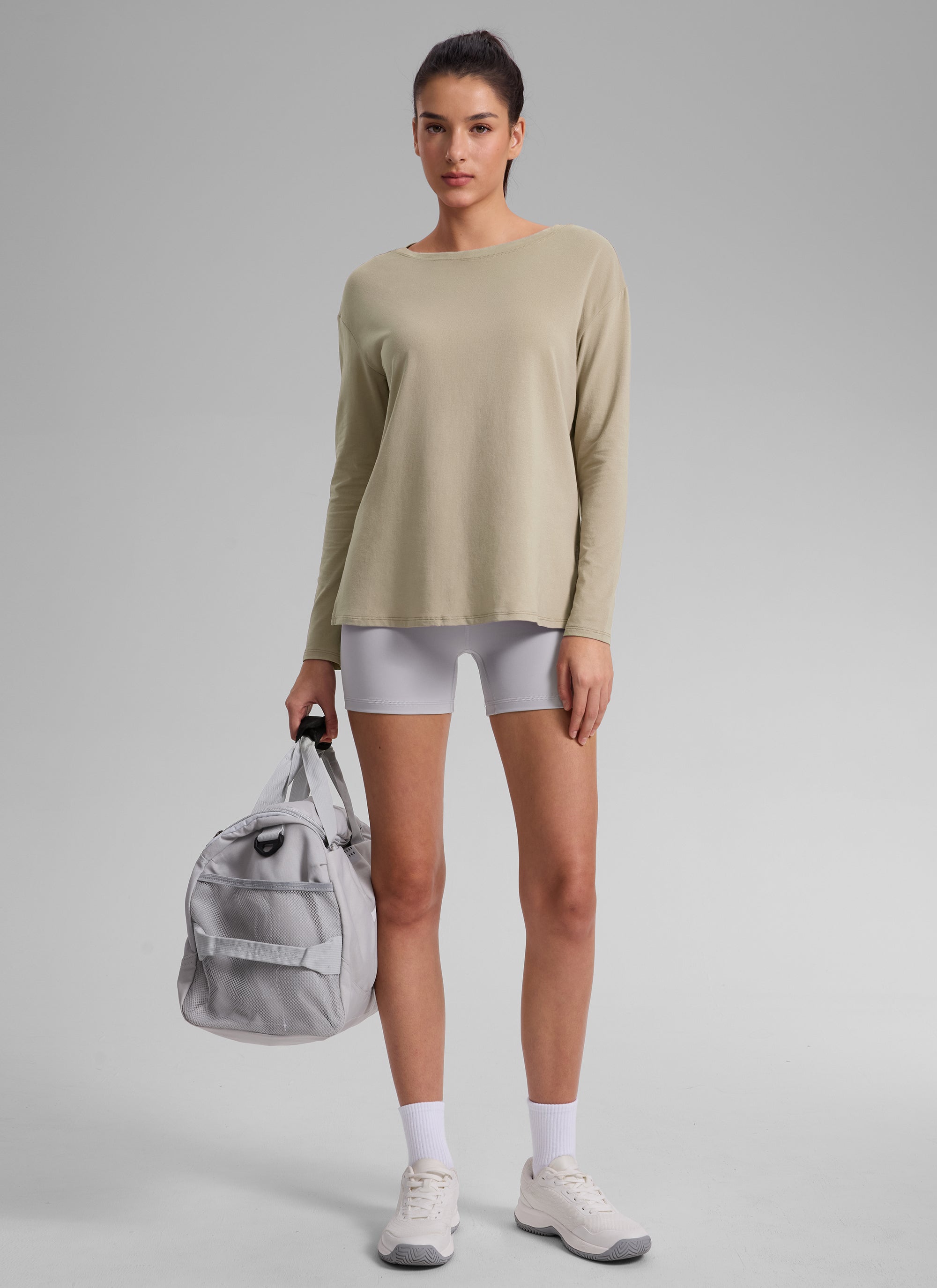 CRZ YOGA Women's Workout Boat Neck Hip Length Relaxed Fit Long Sleeves Oak