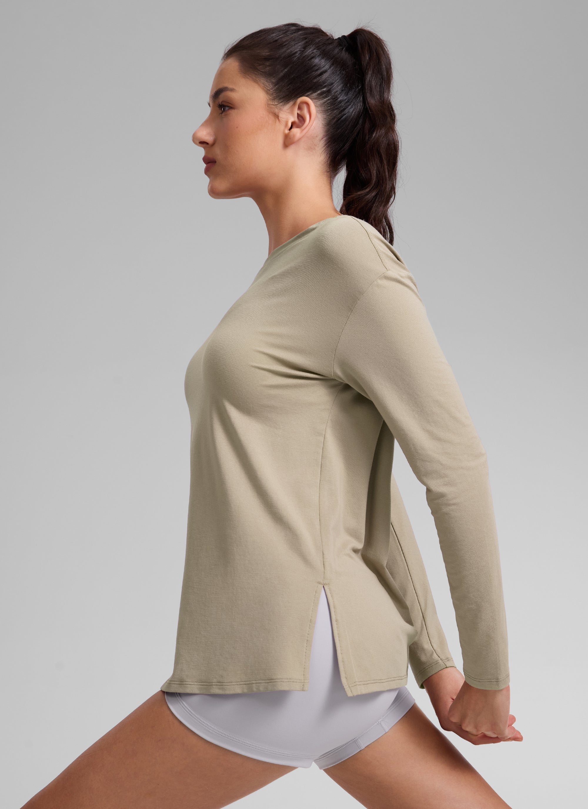 CRZ YOGA Women's Workout Boat Neck Hip Length Relaxed Fit Long Sleeves Oak