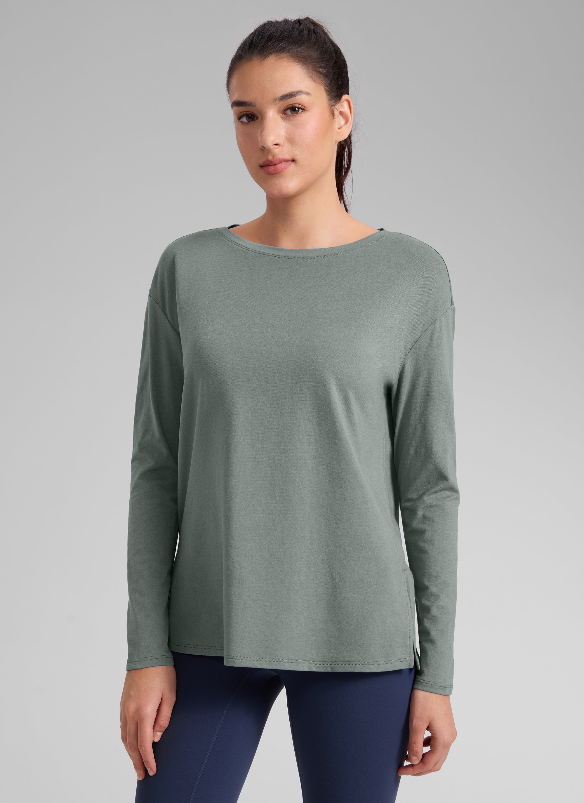 CRZ YOGA Women's Workout Boat Neck Hip Length Relaxed Fit Long Sleeves Grey Sage