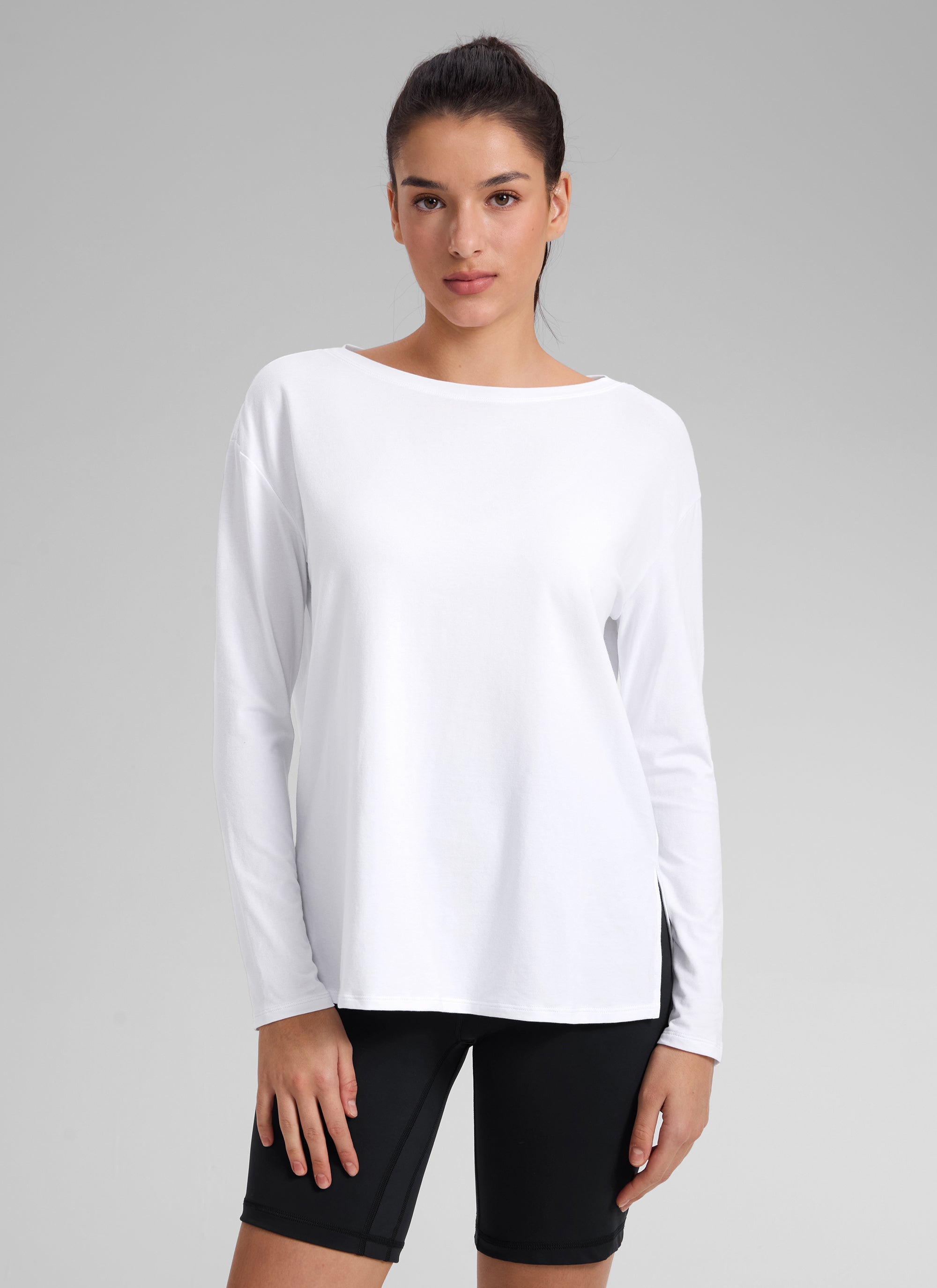CRZ YOGA Women's Workout Boat Neck Hip Length Relaxed Fit Long Sleeves White