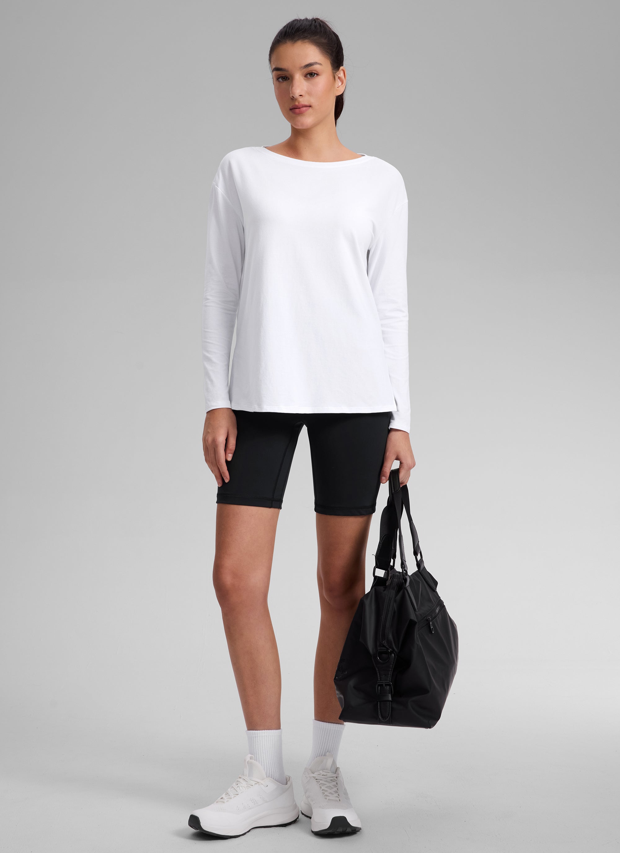 CRZ YOGA Women's Workout Boat Neck Hip Length Relaxed Fit Long Sleeves White
