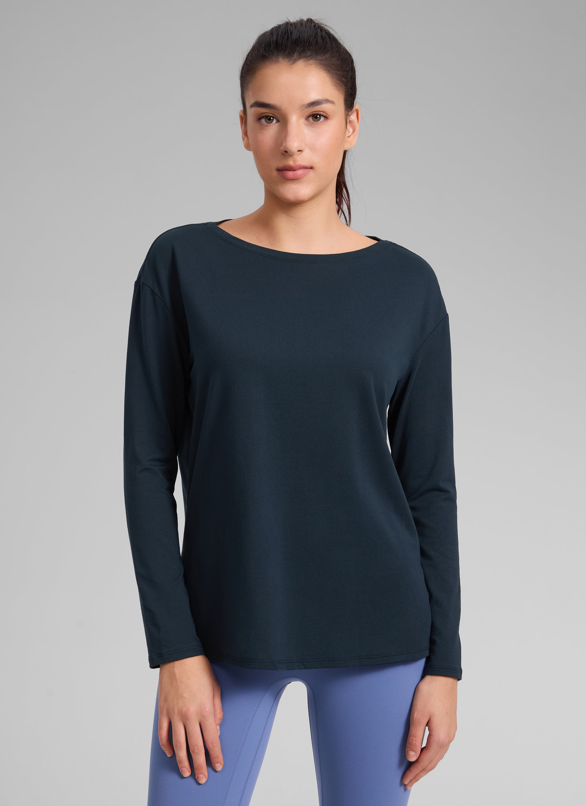 CRZ YOGA Women's Workout Boat Neck Hip Length Relaxed Fit Long Sleeves True Navy