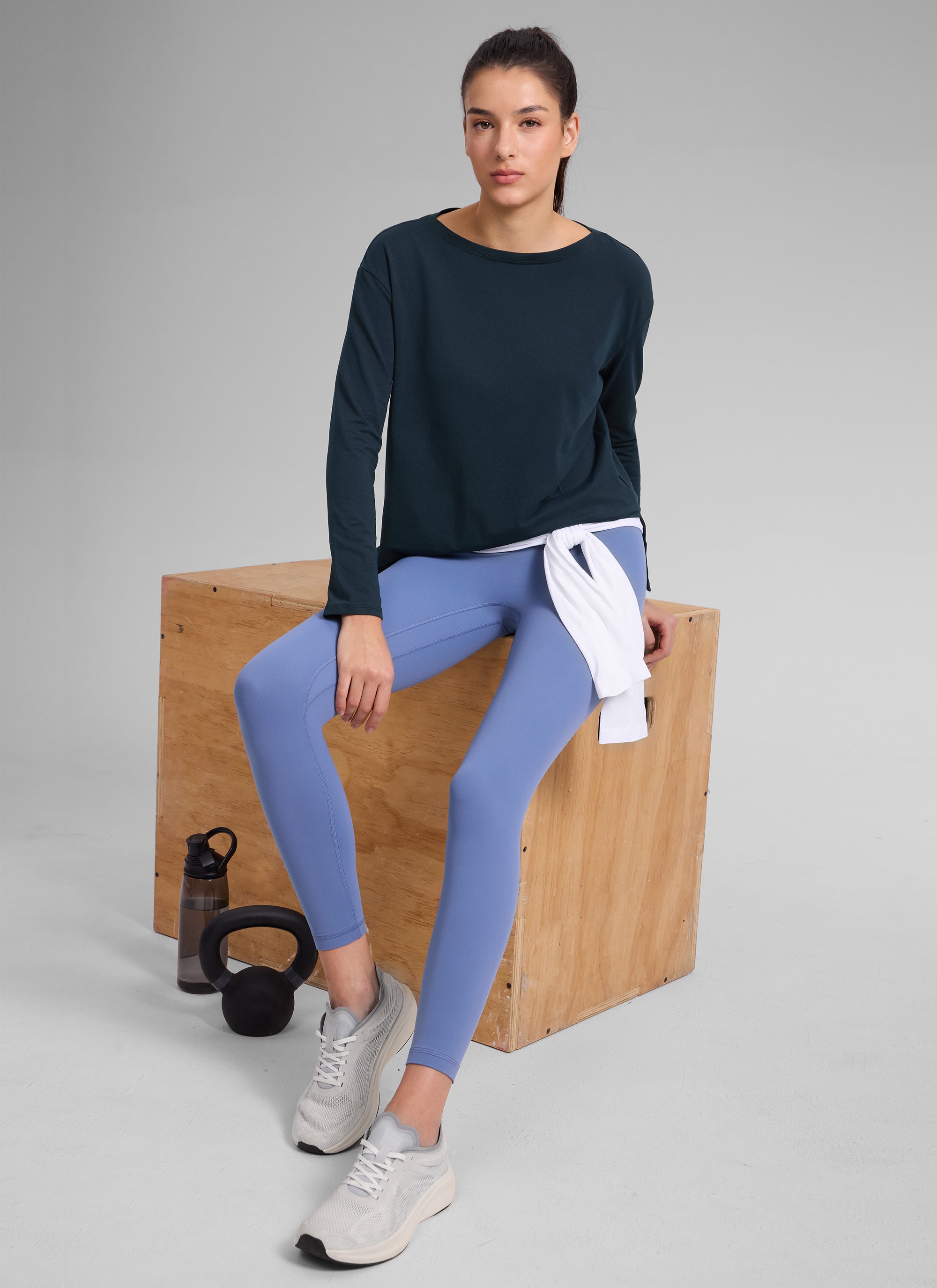 CRZ YOGA Women's Workout Boat Neck Hip Length Relaxed Fit Long Sleeves True Navy