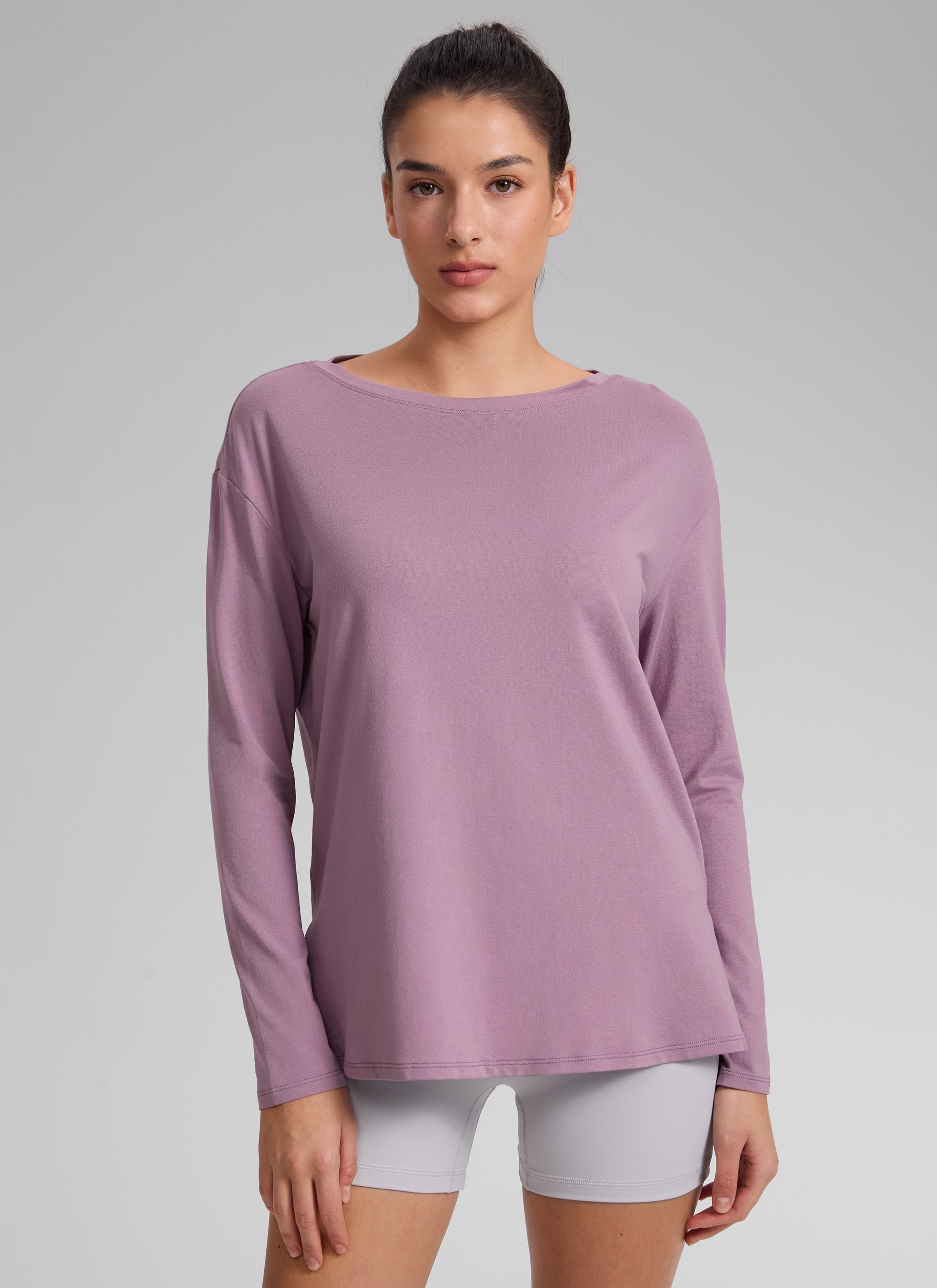 CRZ YOGA Women's Workout Boat Neck Hip Length Relaxed Fit Long Sleeves Light Lavender