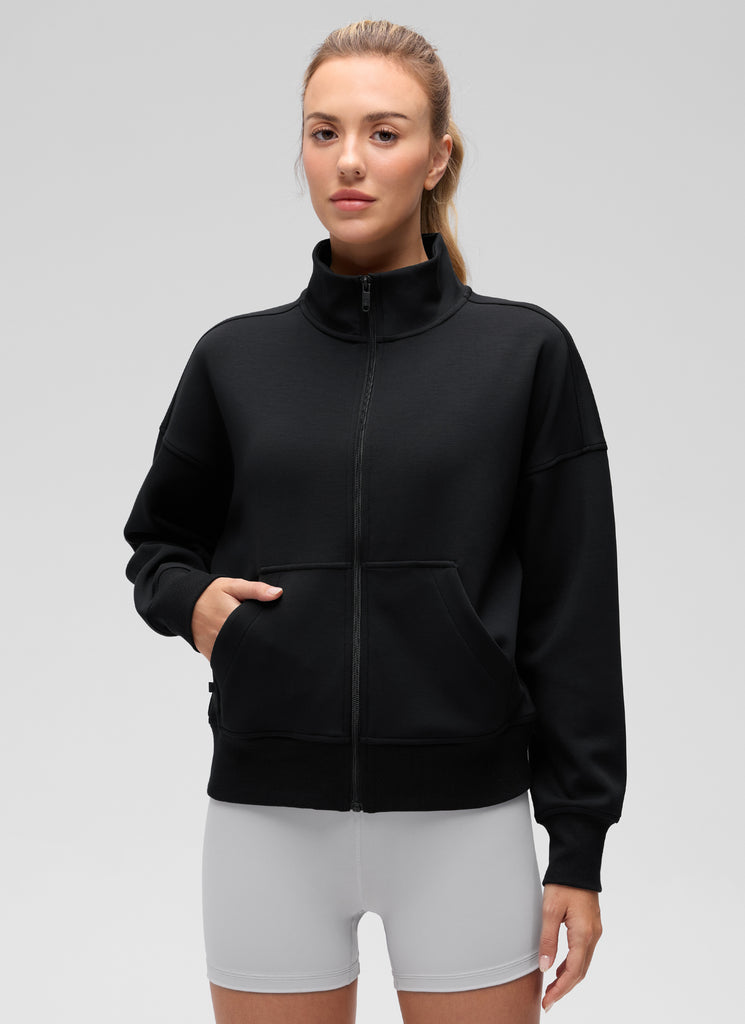 CRZ YOGA Women's Softaura Casual High Mock Neck Pocket Full Zip Jacket Milky White