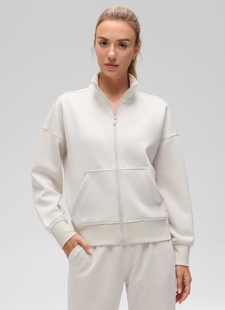 CRZ YOGA Women's Softaura Casual High Mock Neck Pocket Full Zip Jacket Milky White