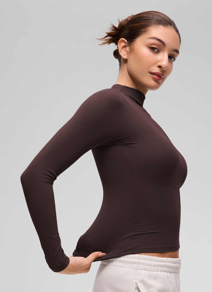 CRZ YOGA Women's Softembrace Mock Neck Waist Length Long Sleeves Hot Fudge Brown