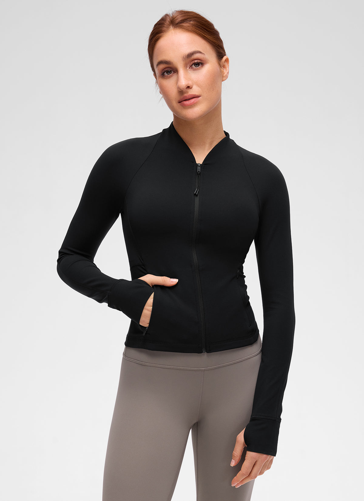 CRZ YOGA Women's Butterluxe Casual V Neck Waist Length Pocket Jacket Black @model_info:Anja