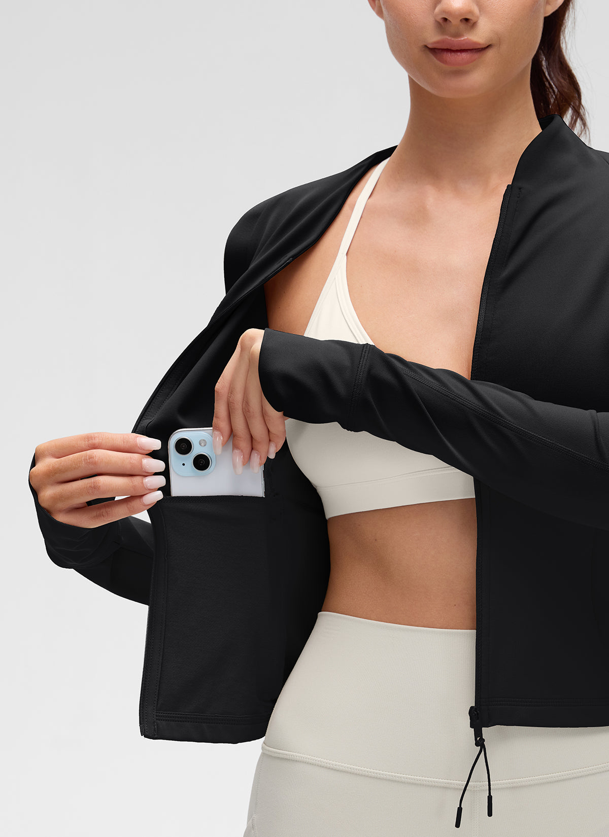 CRZ YOGA Women's Butterluxe Casual V Neck Waist Length Pocket Jacket Black @model_info:Sahndra