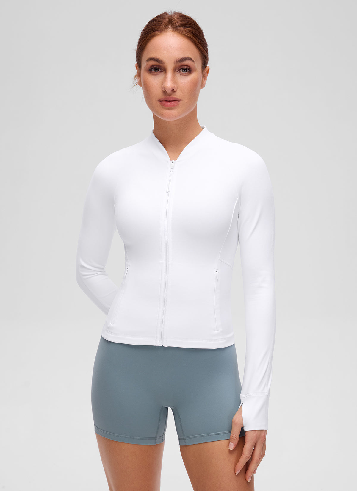 CRZ YOGA Women's Butterluxe Casual V Neck Waist Length Pocket Jacket White @model_info:Anja