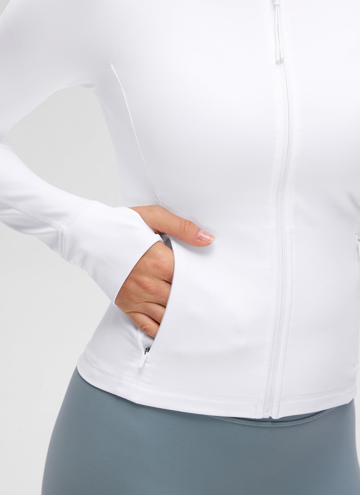 CRZ YOGA Women's Butterluxe Casual V Neck Waist Length Pocket Jacket White @model_info:Anja