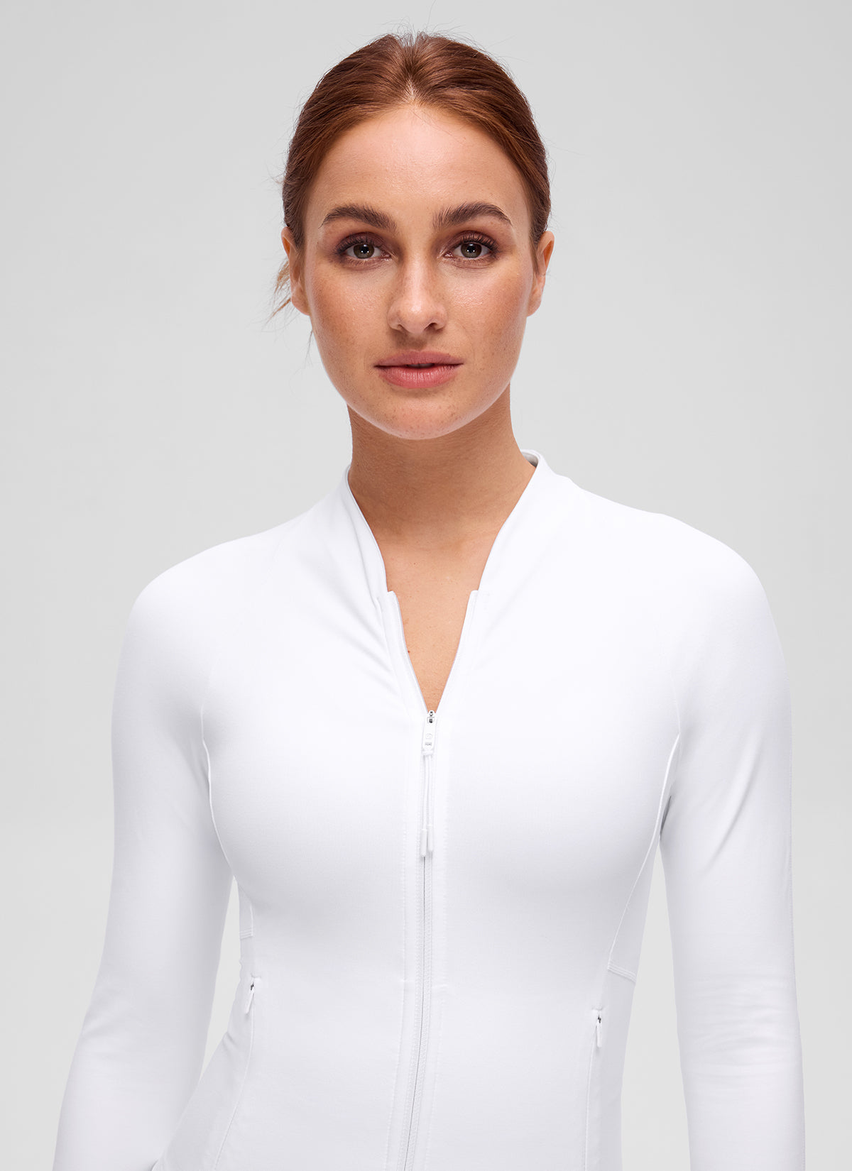 CRZ YOGA Women's Butterluxe Casual V Neck Waist Length Pocket Jacket White @model_info:Anja