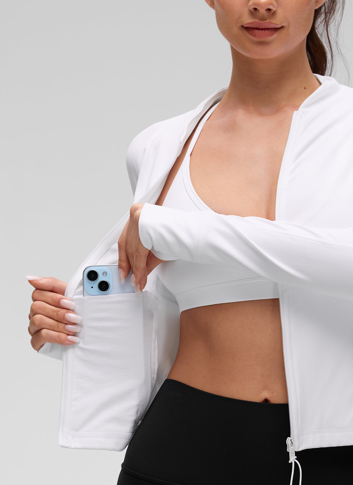 CRZ YOGA Women's Butterluxe Casual V Neck Waist Length Pocket Jacket White @model_info:Shandra