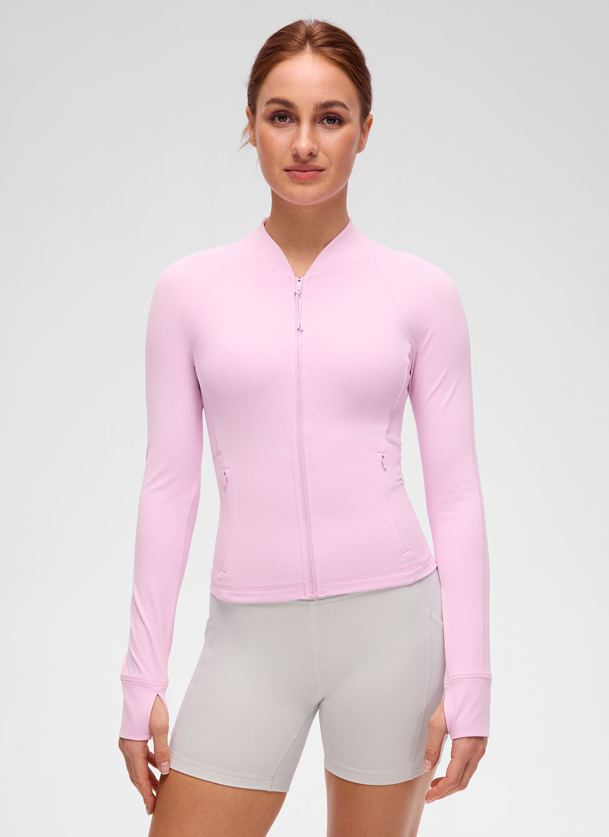 CRZ YOGA Women's Butterluxe Casual V Neck Waist Length Pocket Jacket Vita Pink @model_info:Anja