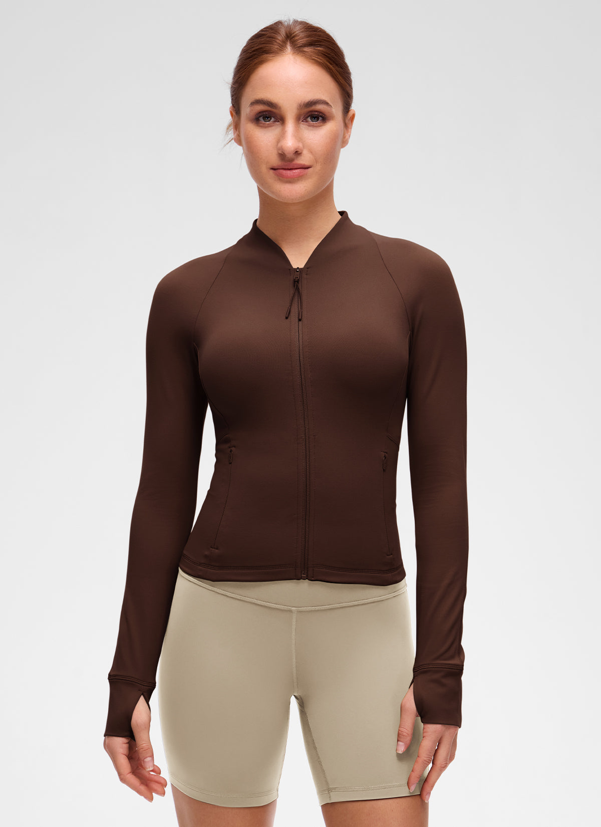 CRZ YOGA Women's Butterluxe Casual V Neck Waist Length Pocket Jacket Lava Brown @model_info:Anja