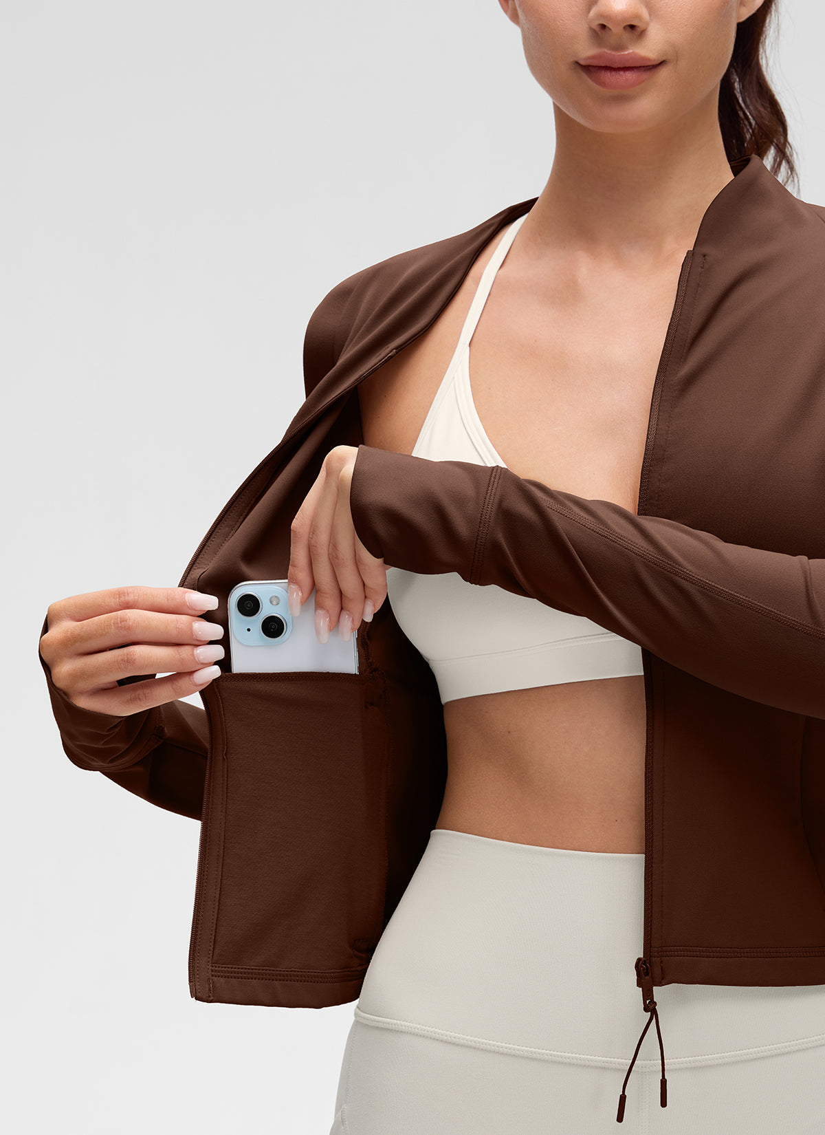 CRZ YOGA Women's Butterluxe Casual V Neck Waist Length Pocket Jacket Lava Brown @model_info:Shandra