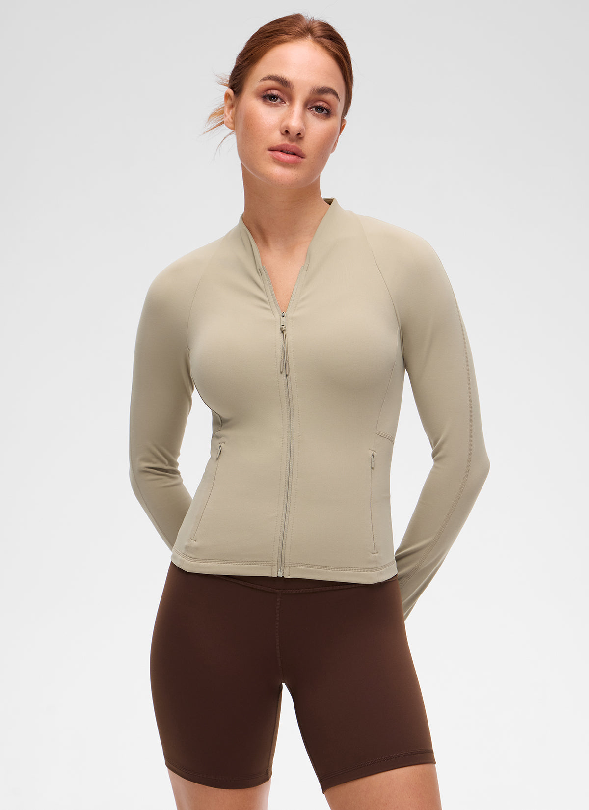 CRZ YOGA Women's Butterluxe Casual V Neck Waist Length Pocket Jacket Oak @model_info:Anja