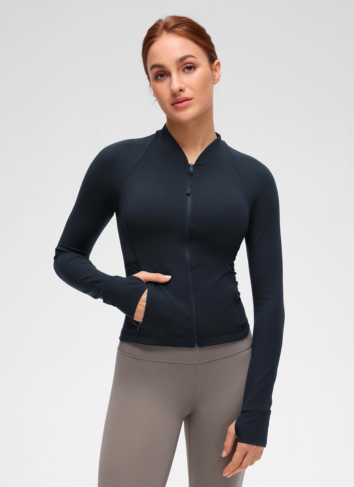 CRZ YOGA Women's Butterluxe Casual V Neck Waist Length Pocket Jacket True Navy @model_info:Anja