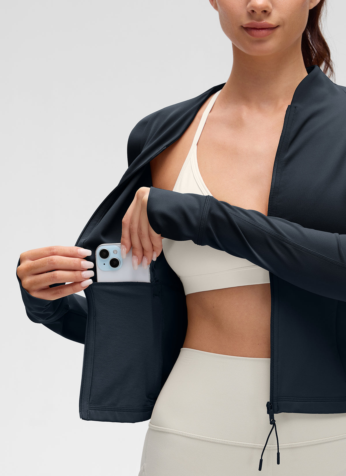 CRZ YOGA Women's Butterluxe Casual V Neck Waist Length Pocket Jacket True Navy @model_info:Shandra