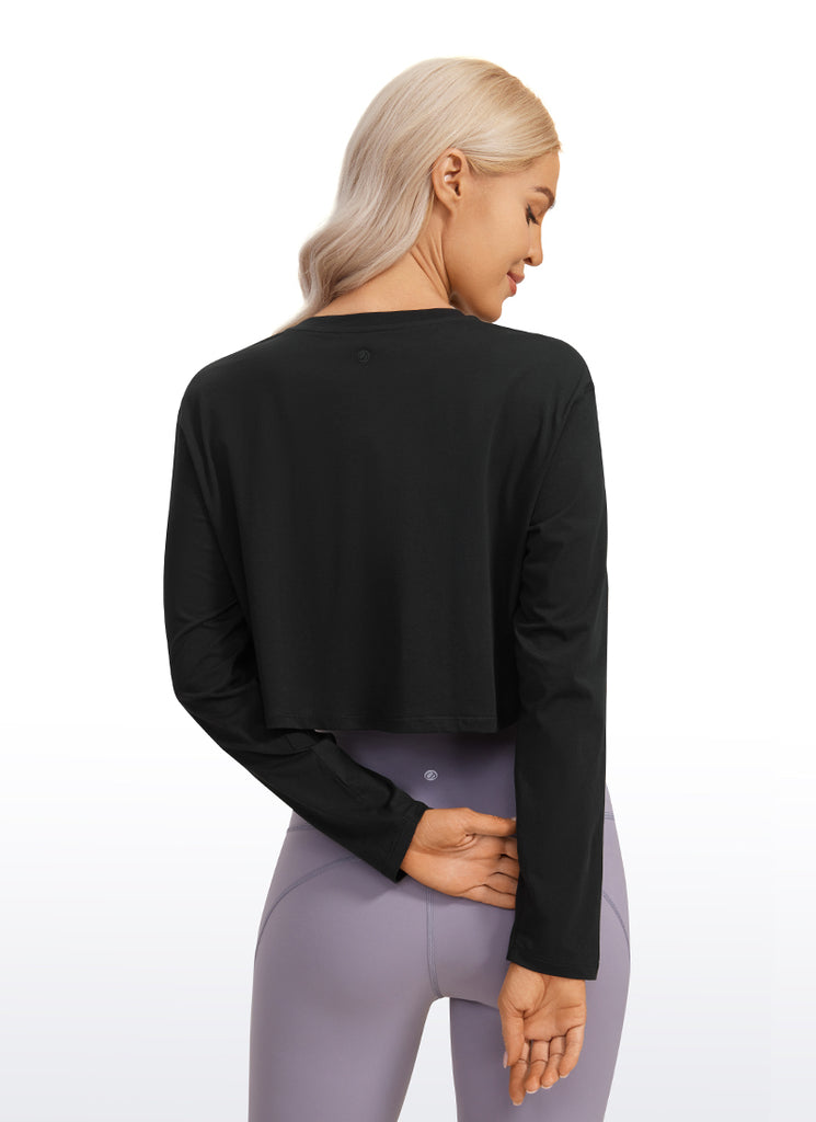 CRZ YOGA Women's Yoga Loose Fit Tops Pima Cotton Cropped Long Sleeve Black