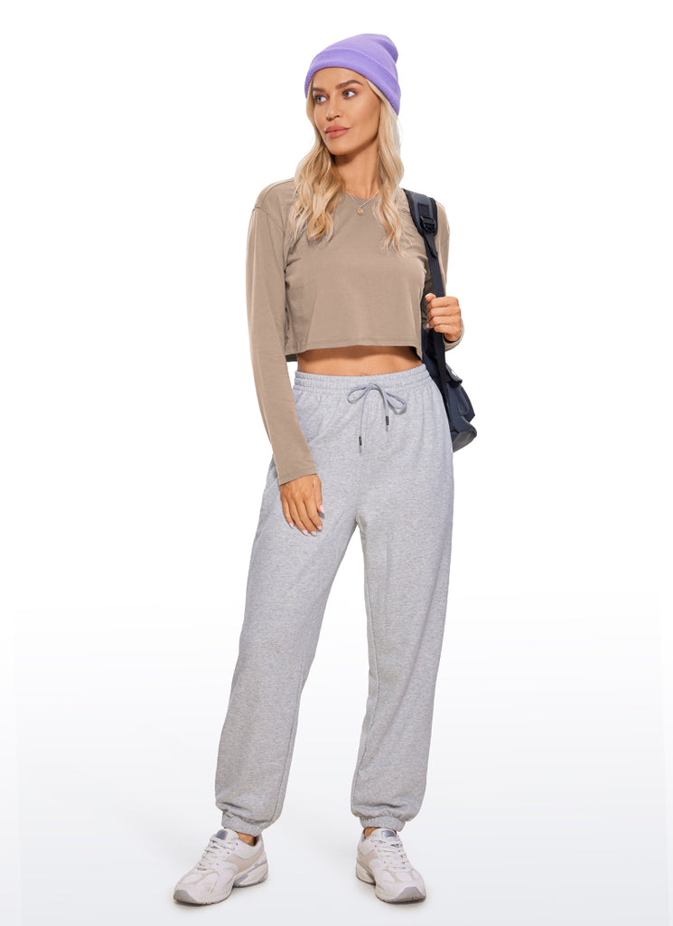 CRZ YOGA Women's Yoga Loose Fit Tops Pima Cotton Cropped Long Sleeve Jade Grey