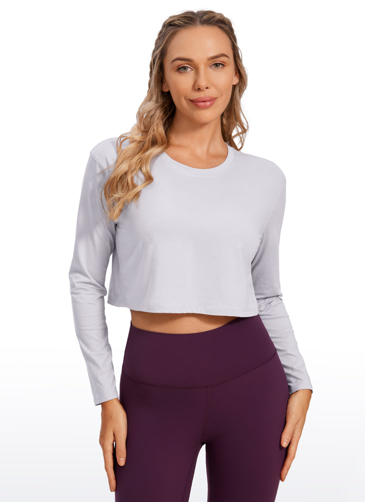 CRZ YOGA Women's Yoga Loose Fit Tops Pima Cotton Cropped Long Sleeve White