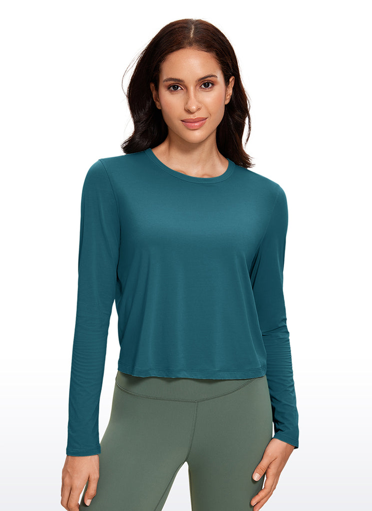 CRZ YOGA Women's Yoga Loose Fit Tops Pima Cotton Cropped Long Sleeve Borealis Green