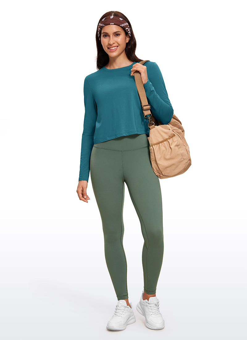 CRZ YOGA Women's Yoga Loose Fit Tops Pima Cotton Cropped Long Sleeve Borealis Green