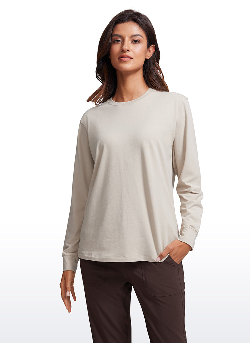 CRZ YOGA Women's Pima Cotton Long Sleeve Shirts Crew Neck Casual Tops Mojave Tan