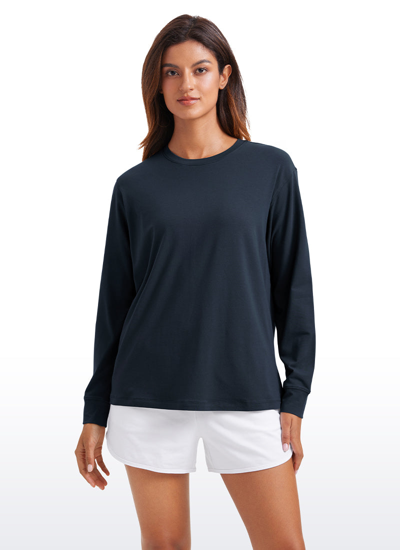 CRZ YOGA Women's Pima Cotton Long Sleeve Shirts Crew Neck Casual Tops True Navy