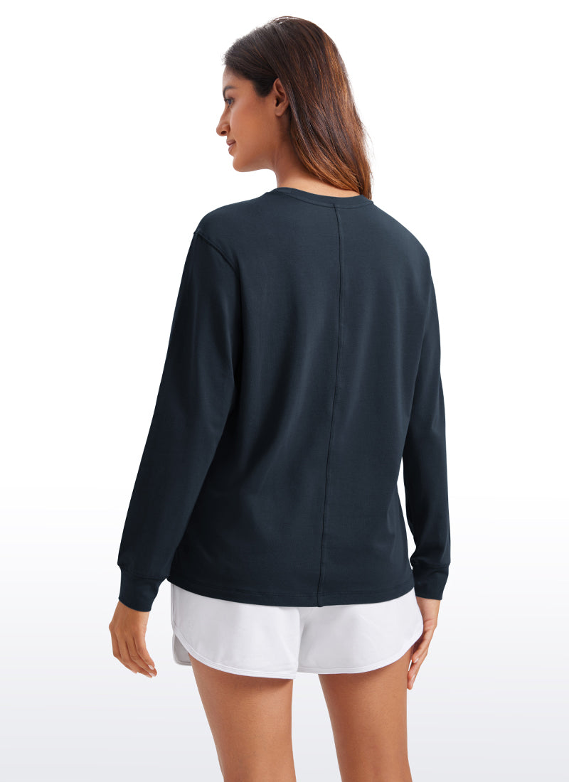 CRZ YOGA Women's Pima Cotton Long Sleeve Shirts Crew Neck Casual Tops True Navy