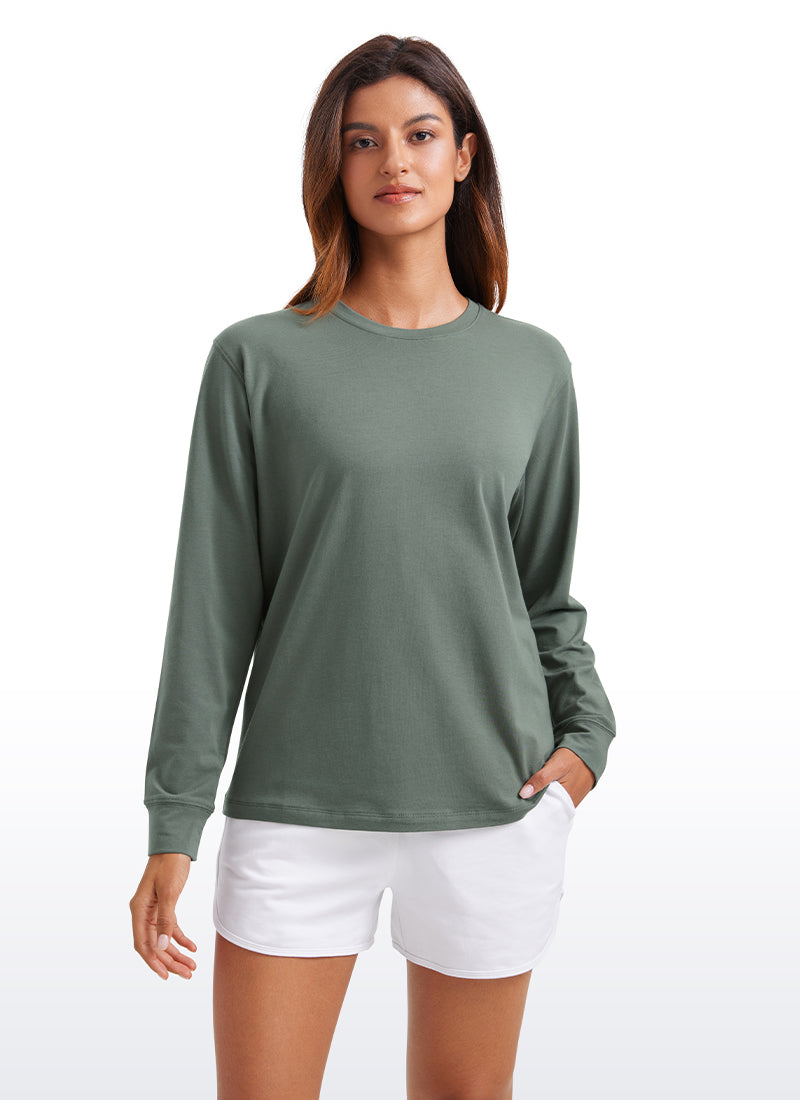 CRZ YOGA Women's Pima Cotton Long Sleeve Shirts Crew Neck Casual Tops Grey Sage