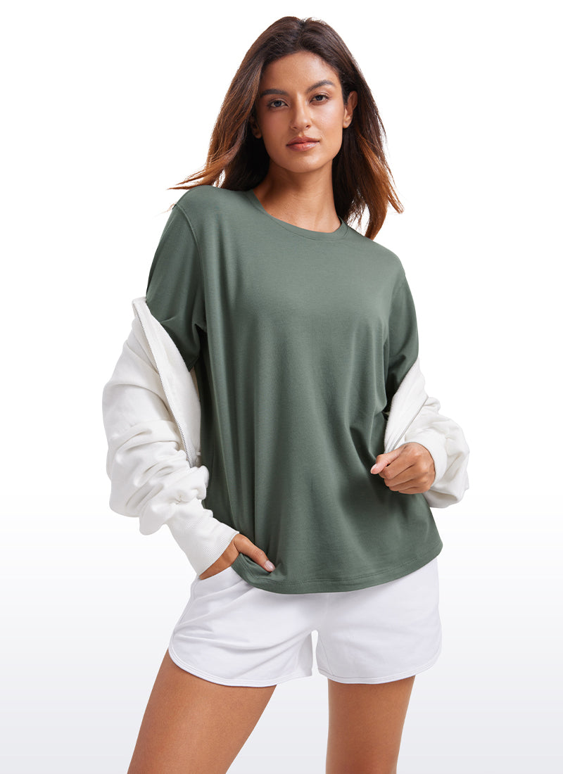CRZ YOGA Women's Pima Cotton Long Sleeve Shirts Crew Neck Casual Tops Grey Sage
