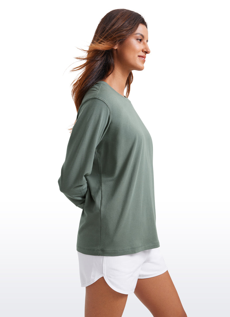 CRZ YOGA Women's Pima Cotton Long Sleeve Shirts Crew Neck Casual Tops Grey Sage