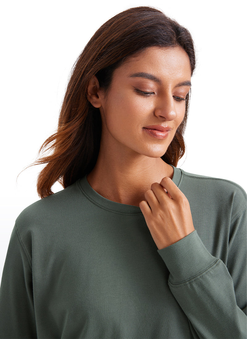 CRZ YOGA Women's Pima Cotton Long Sleeve Shirts Crew Neck Casual Tops Grey Sage