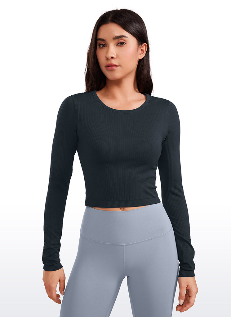 CRZ YOGA Women's Ribbed Seamless Workout Cropped Long Sleeves Crewneck Darkish Green