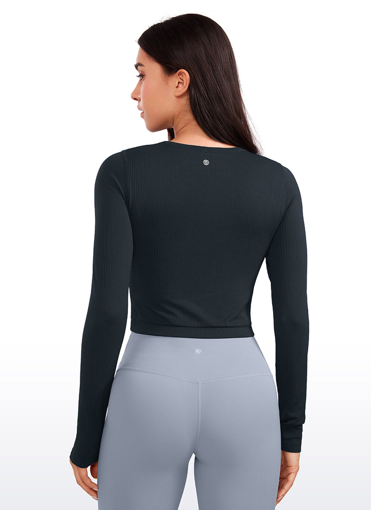 CRZ YOGA Women's Ribbed Seamless Workout Cropped Long Sleeves Crewneck Darkish Green