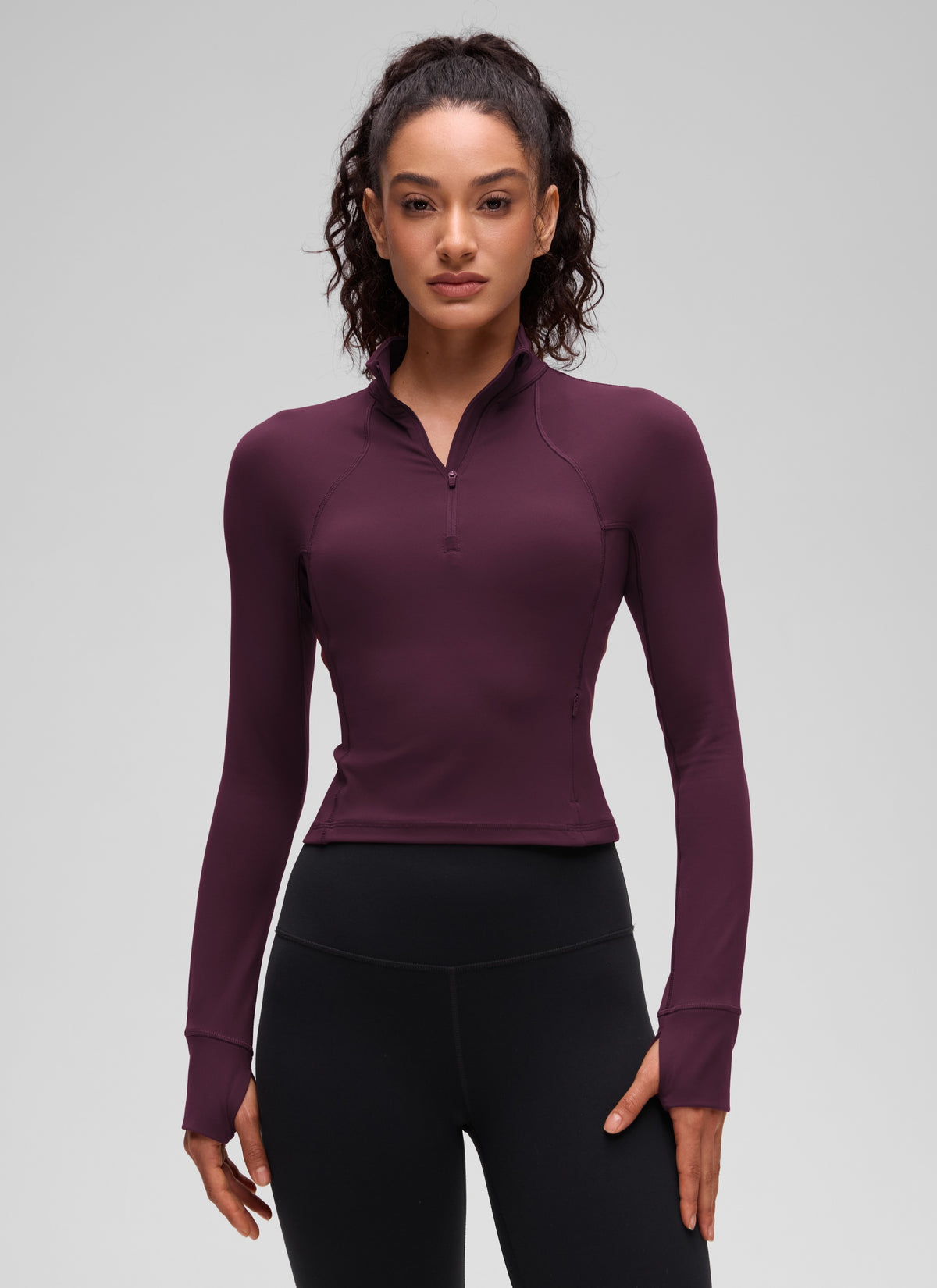 CRZ YOGA Women's Yoga Slim Fit Tops Butterluxe Half-Zip Long Sleeve Deep Purple @model_info:Larissa