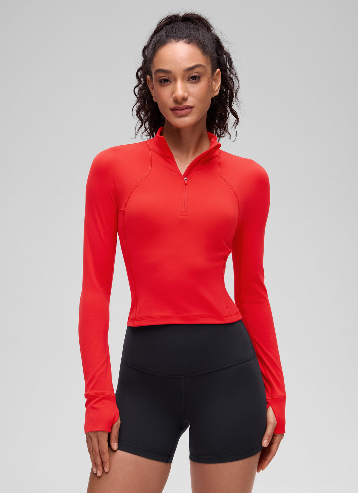 CRZ YOGA Women's Yoga Slim Fit Tops Butterluxe Half-Zip Long Sleeve Deep Red @model_info:Larissa