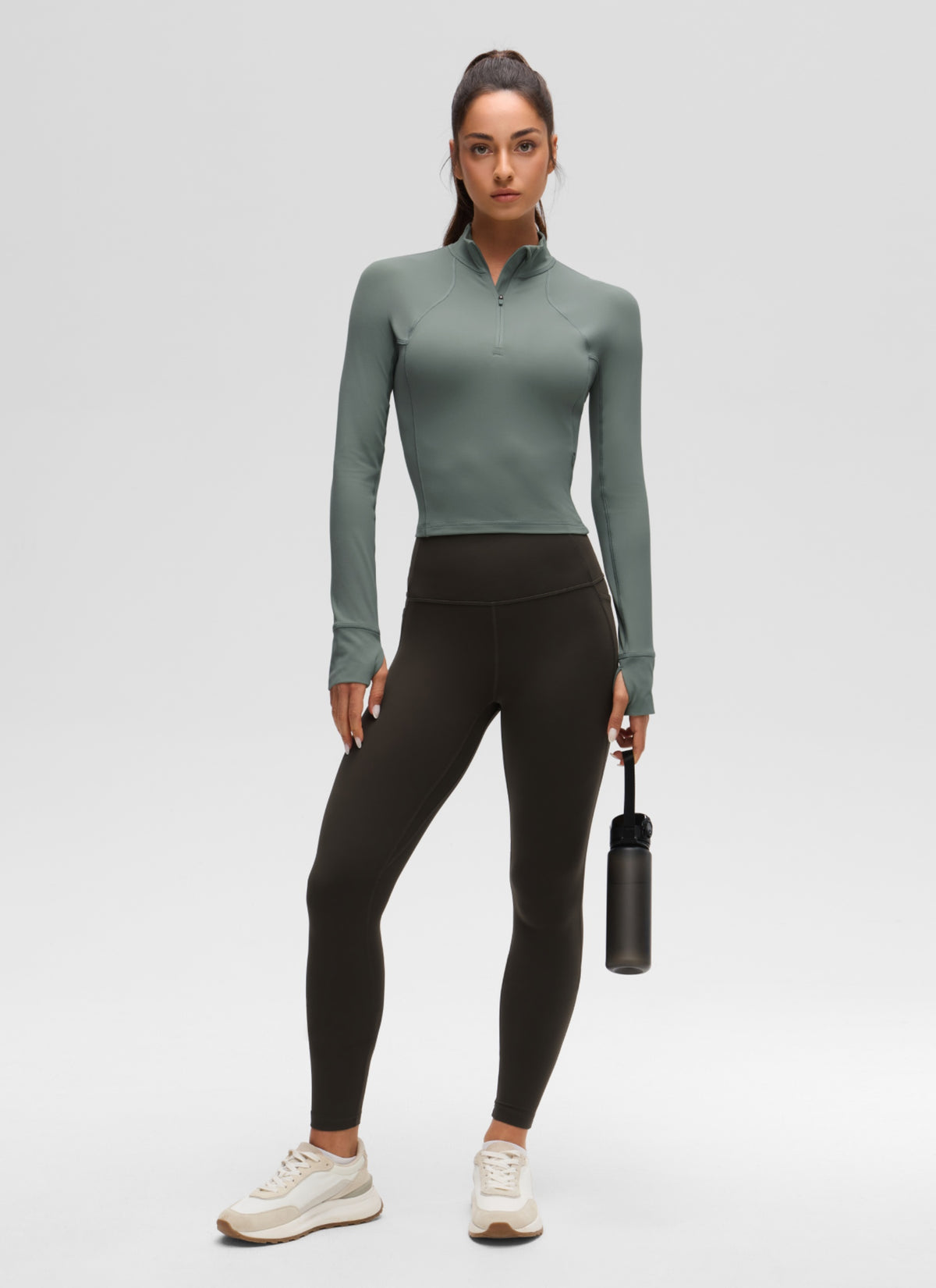 CRZ YOGA Women's Yoga Slim Fit Tops Butterluxe Half-Zip Long Sleeve Grey Sage @model_info:I