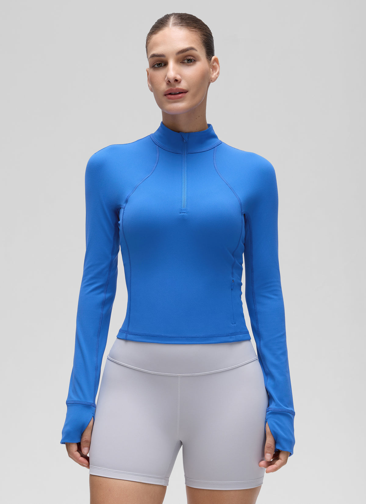 CRZ YOGA Women's Yoga Slim Fit Tops Butterluxe Half-Zip Long Sleeve Sparkle Blue @model_info:Jaynne