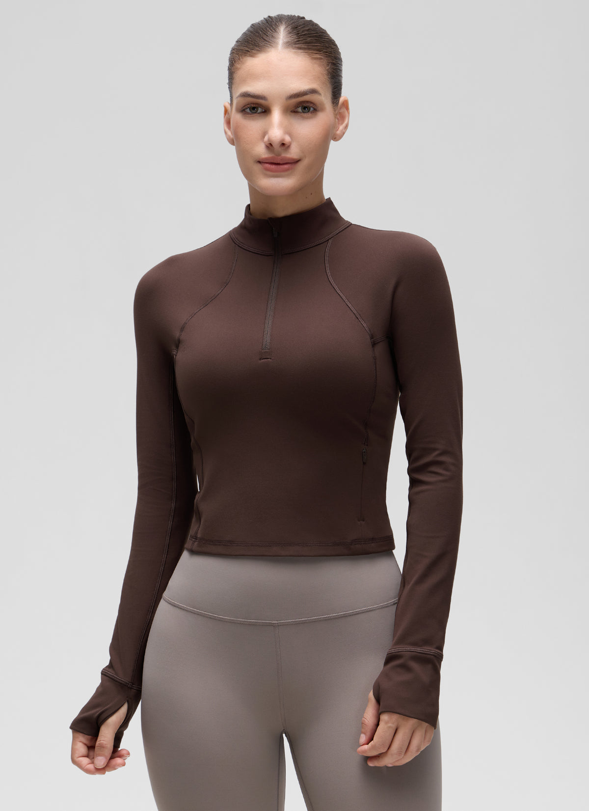 CRZ YOGA Women's Yoga Slim Fit Tops Butterluxe Half-Zip Long Sleeve Hot Fudge Brown @model_info:Jaynne