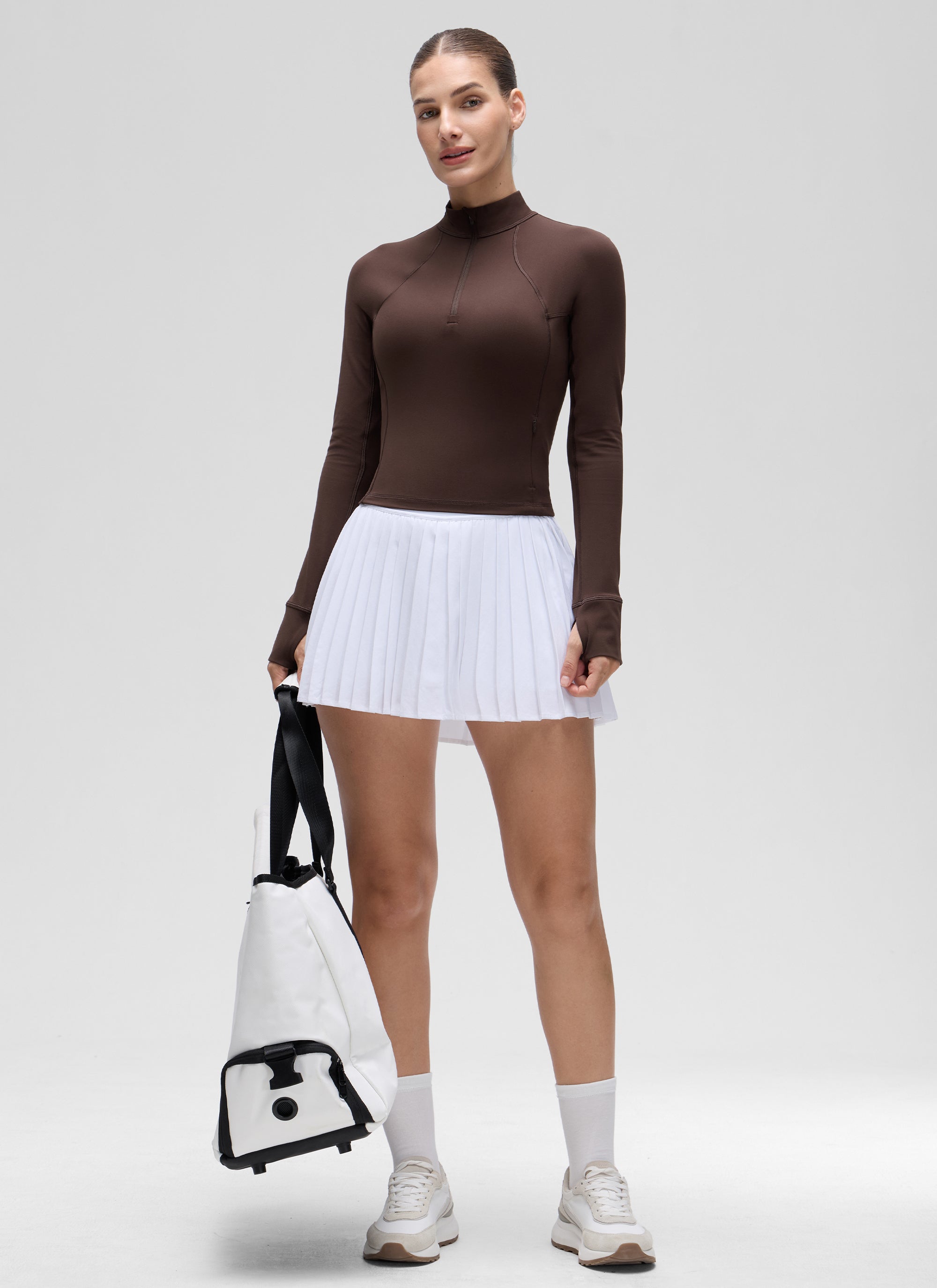 CRZ YOGA Women's Yoga Slim Fit Tops Butterluxe Half-Zip Long Sleeve Hot Fudge Brown @model_info:Jaynne