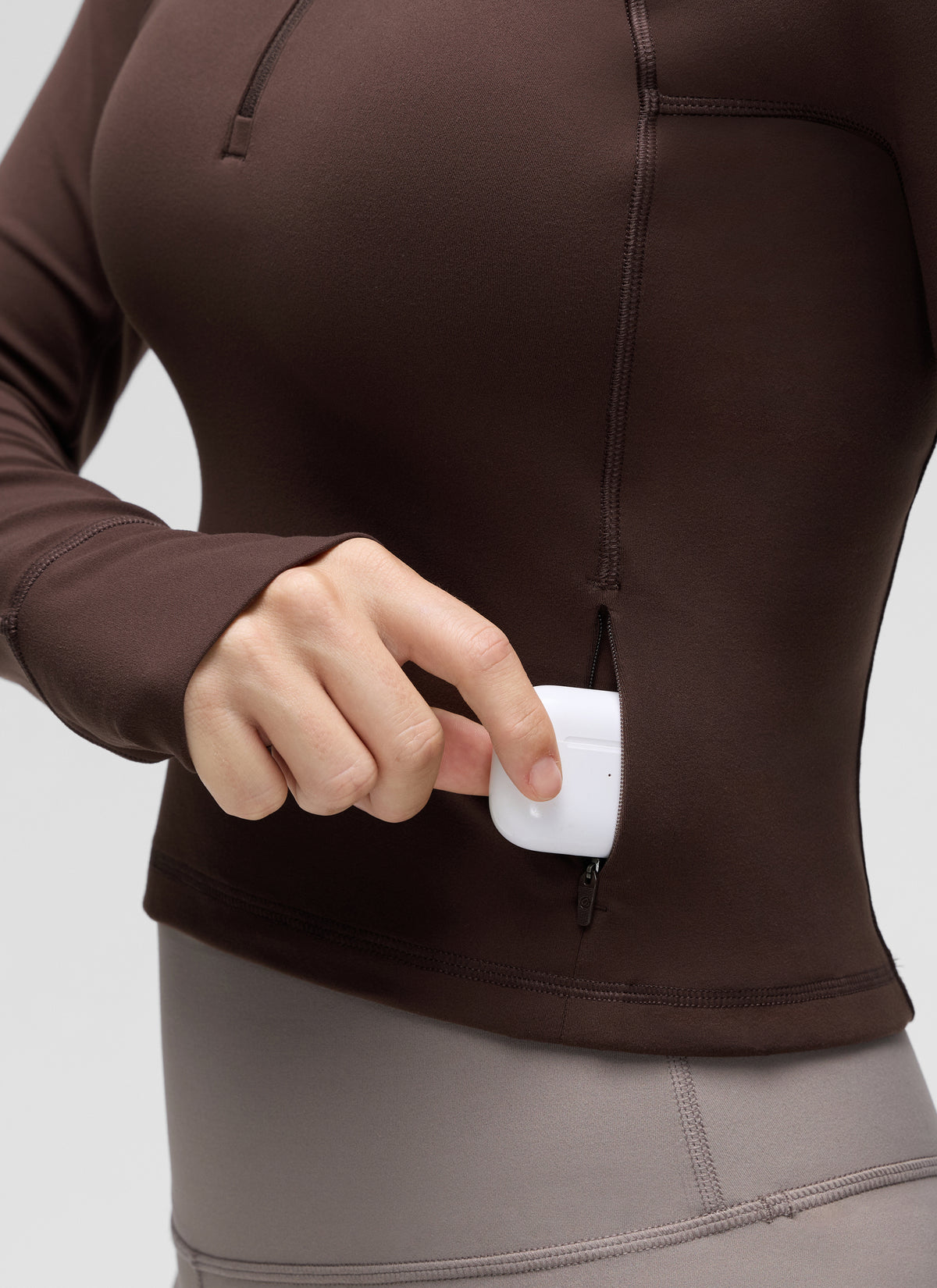 CRZ YOGA Women's Yoga Slim Fit Tops Butterluxe Half-Zip Long Sleeve Hot Fudge Brown @model_info:Jaynne