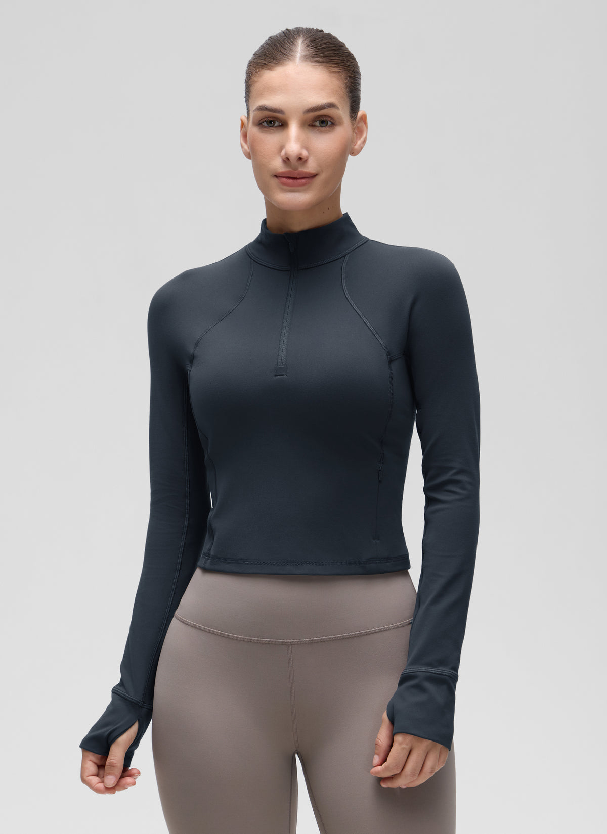 CRZ YOGA Women's Yoga Slim Fit Tops Butterluxe Half-Zip Long Sleeve True Navy @model_info:Jaynne