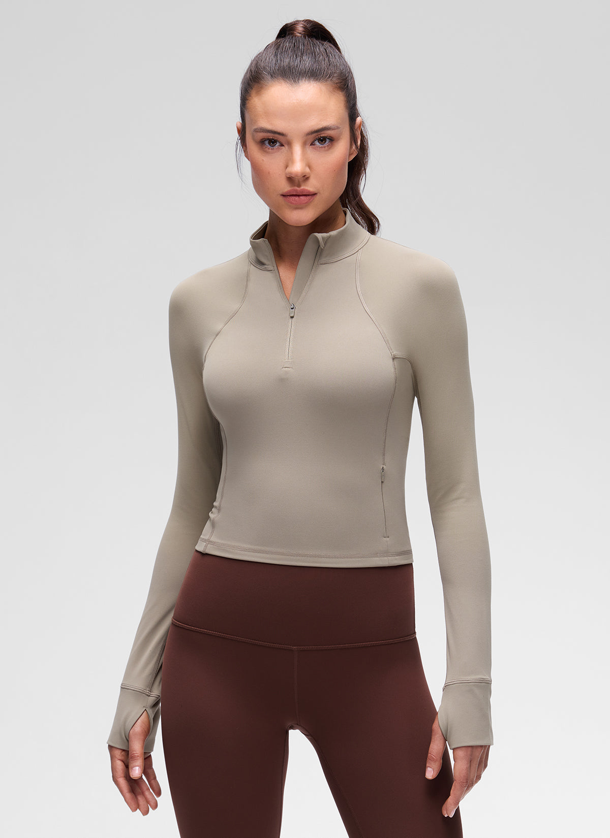 CRZ YOGA Women's Yoga Slim Fit Tops Butterluxe Half-Zip Long Sleeve Warm Ash Grey @model_info:Kseniia