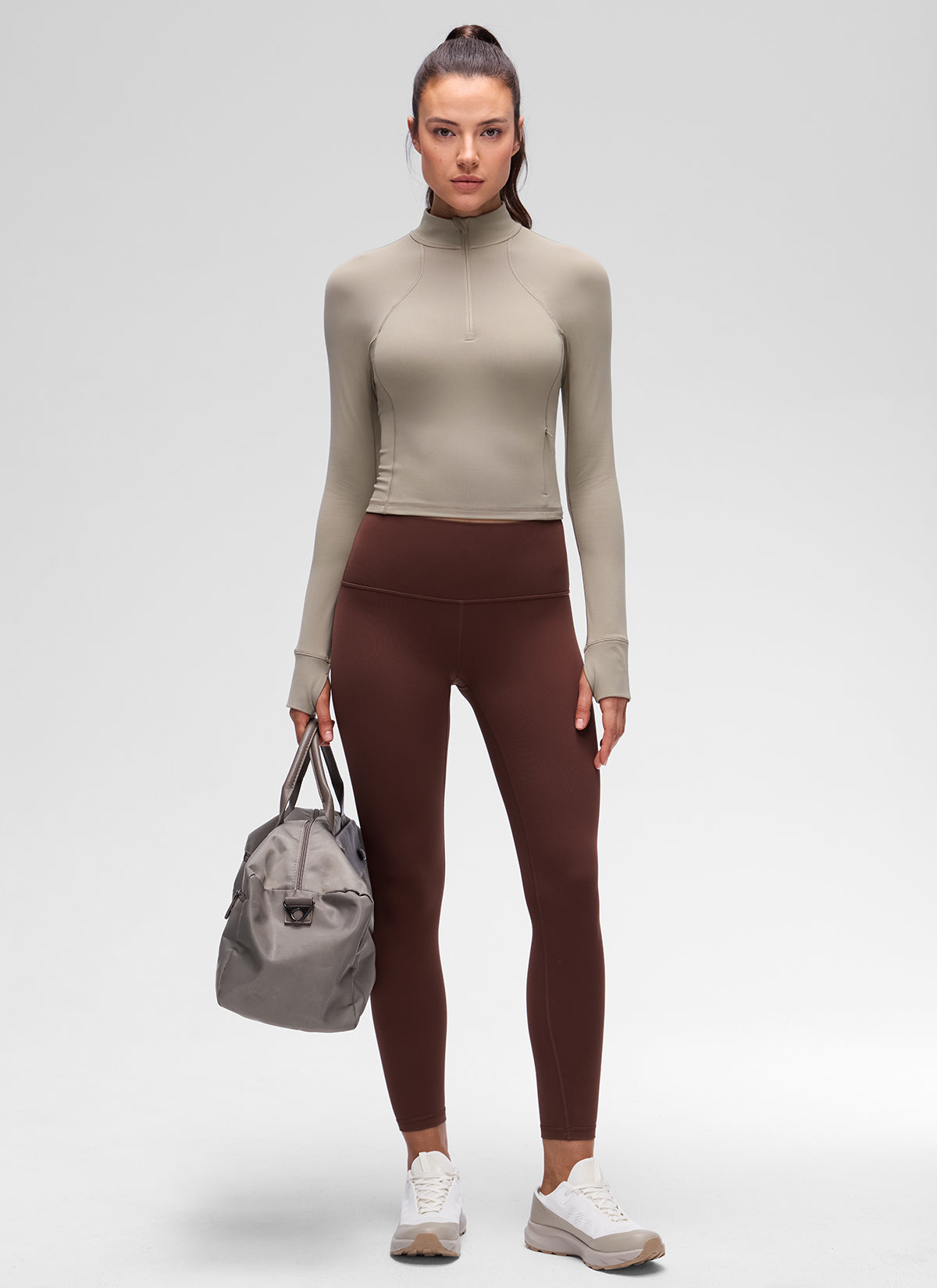 CRZ YOGA Women's Yoga Slim Fit Tops Butterluxe Half-Zip Long Sleeve Warm Ash Grey @model_info:Kseniia