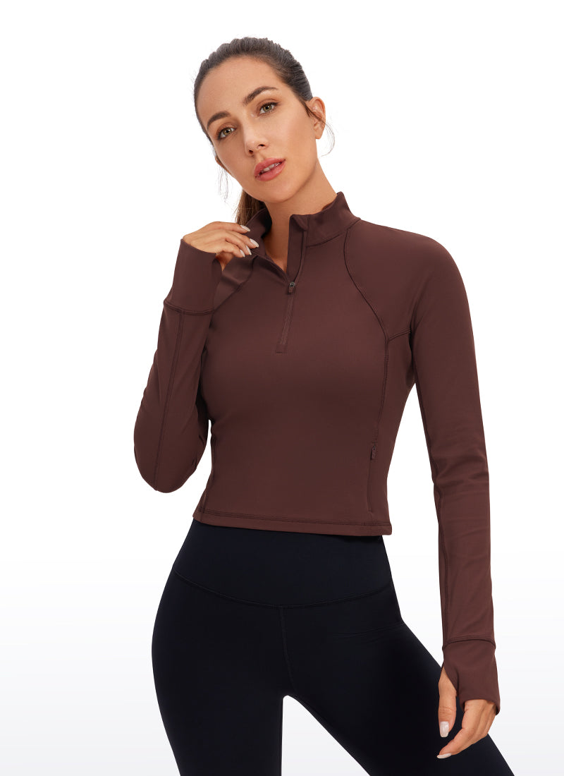 CRZ YOGA Women's Yoga Slim Fit Tops Butterluxe Half-Zip Long Sleeve Taupe @model_info:D